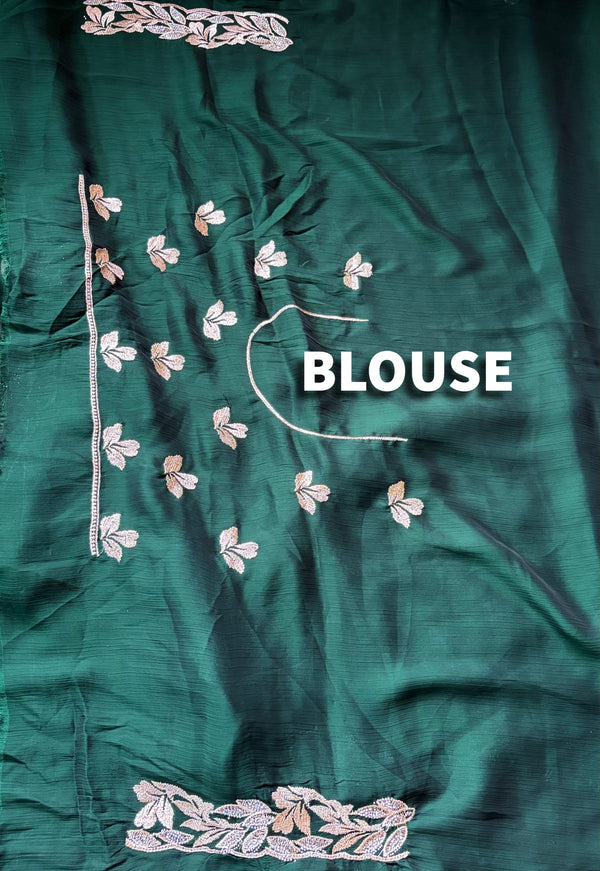 The Kaveri Vilasa: Bottle Green Embroidered Georgette Saree