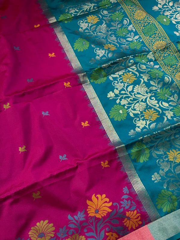 The Magenta Meadow: Rich Magenta Silk Saree with Turquoise & Marigold Accents