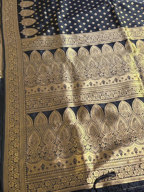 The Midnight Court: Jet Black Silk Saree with Grand Banarasi-Style Borders