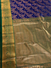 The Indigo Court: Royal Navy Silk Saree with Emerald Green & Gold Kanjivaram-Style Borders