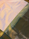 The Blush Orchard: Pastel Peach Silk Saree with Forest Green & Gold Border