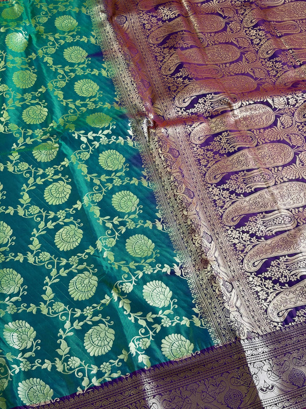 The Royal Medallion: Sea Green Silk Saree with Purple Borders
