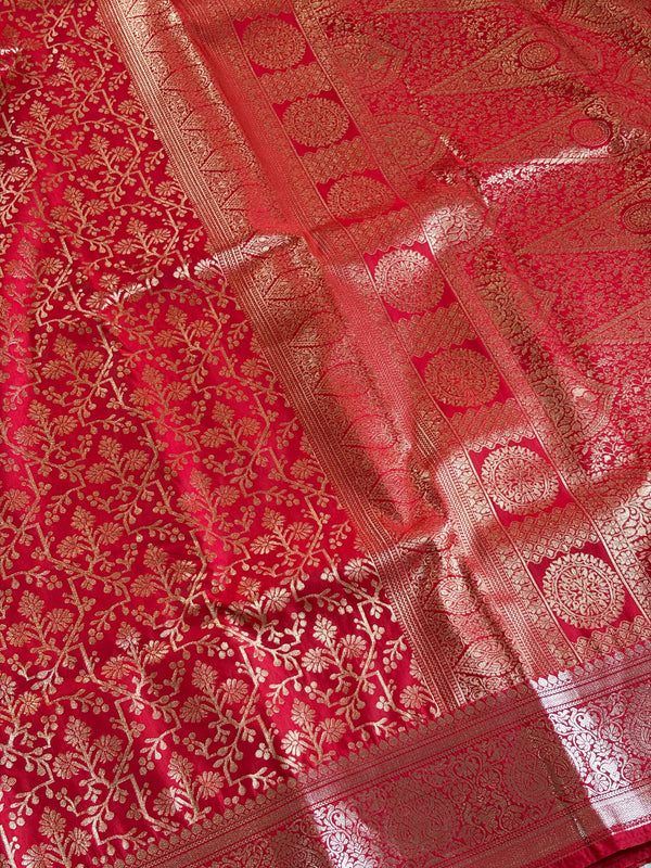 The Royal Muhurtham: Vermillion Red Silk Saree with Allover Zari Jaal