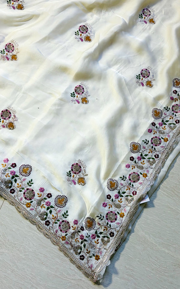 The Alankrita Riva: Pearl Ivory Georgette Saree with Embroidered Scallop Border