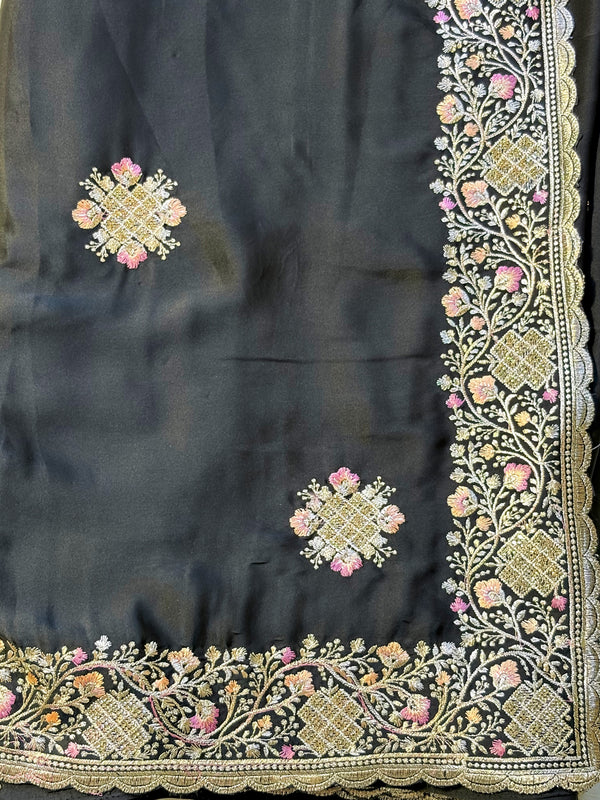 The Kaashvi Riva: Midnight Black Georgette Saree with Embroidered Scallop Border