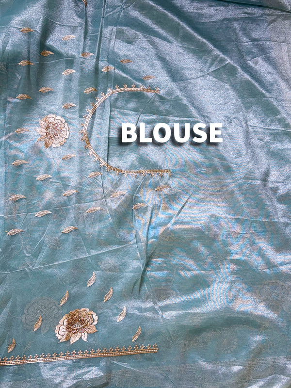 The Meher Riva: Dusty Slate Blue Embroidered Net Saree with Scalloped Border