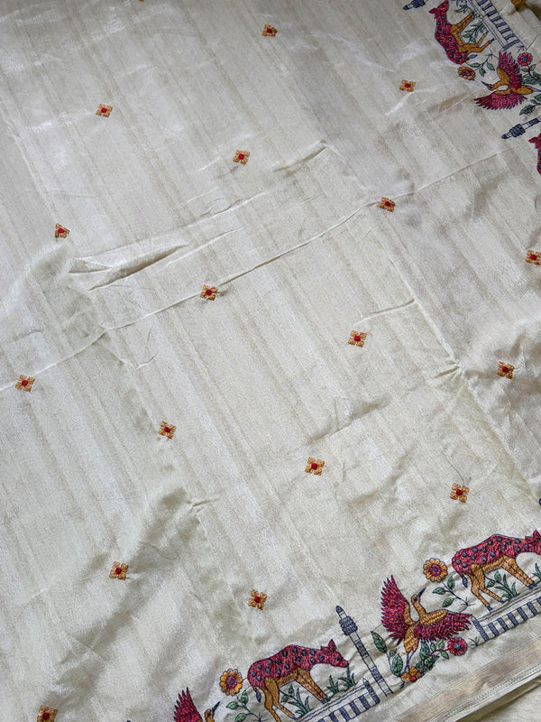 The Padmavati Vilasa: Natural Beige Royal Procession Tussar Silk Cotton Saree
