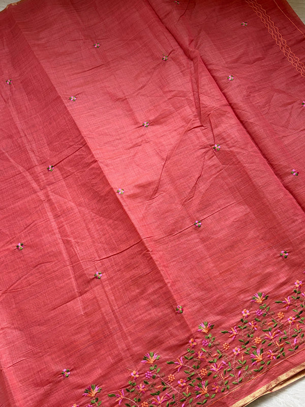 The Mridula Riva: Rust Terracotta Embroidered Cotton Saree