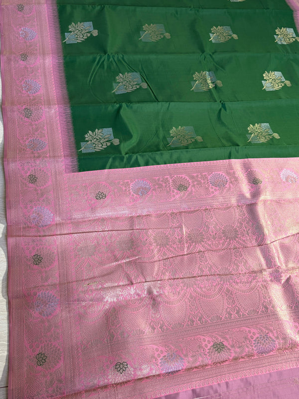 The Emerald Orchard: Bottle Green Silk Saree with Pastel Pink Kanjivaram-Inspired Border