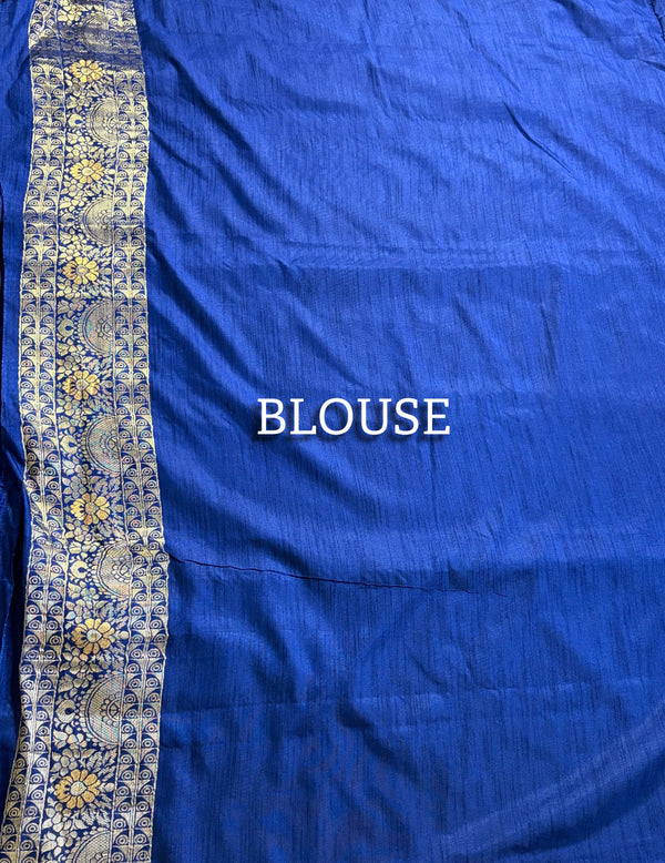 The Royal Crest: Royal Blue Raw Silk Saree with Ornate Gold Banarasi Border