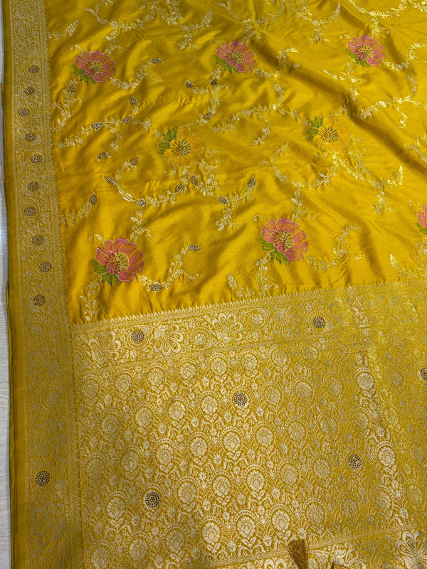 The Marigold Bower: Mustard Yellow Silk Saree with Pastel Pink Meenakari Florals