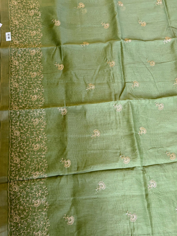 The Vanya Riva: Olive Green Handloom Cotton Saree with Floral Vine Embroidery