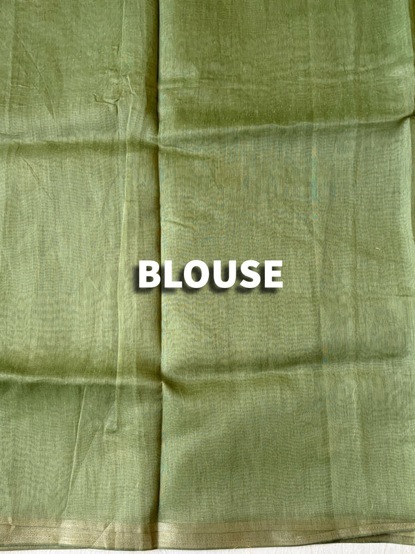 The Vanya Riva: Olive Green Handloom Cotton Saree with Floral Vine Embroidery