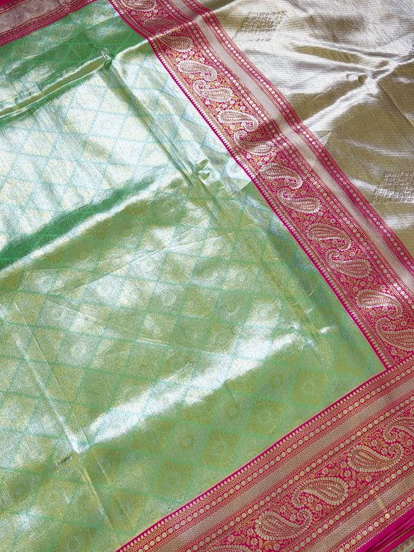 The Mrinmayi Vilasa: Sage Mint & Wine Banarasi Tissue Silk Saree
