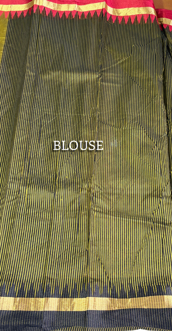 The Mosswood Loom: Olive Green Printed Cotton Saree with Traditional Temple Borders