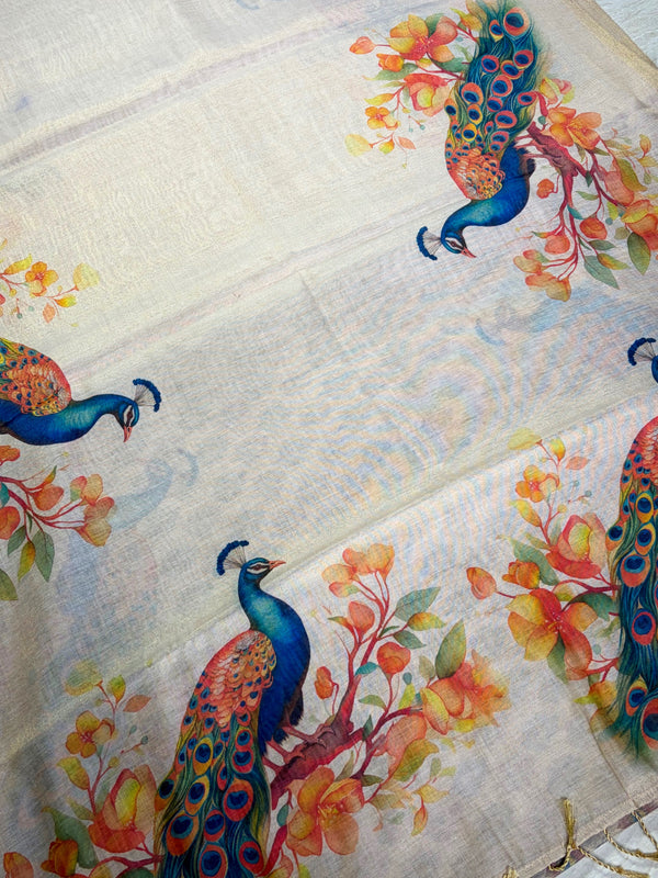 The Mayura Glade: Beige Tussar Silk Linen Saree with Hand-Painted Peacock Motifs
