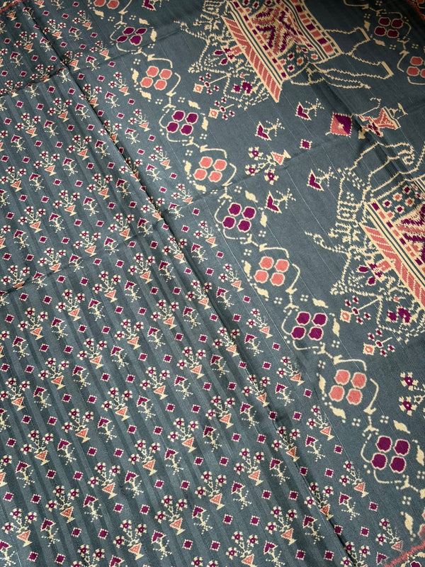 The Slate Heritage: Steel Grey Cotton Silk Saree with Madhubani & Kalamkari-Inspired Folk Art