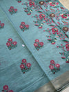 The Seafoam Orchard: Sage Green Linen Silk Saree with Antique Gold Border