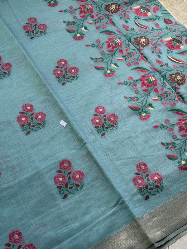 The Seafoam Orchard: Sage Green Linen Silk Saree with Antique Gold Border