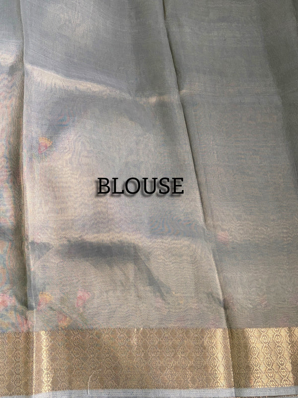 The Ashani Malini: Sterling Grey & Gold Tissue Cotton Saree