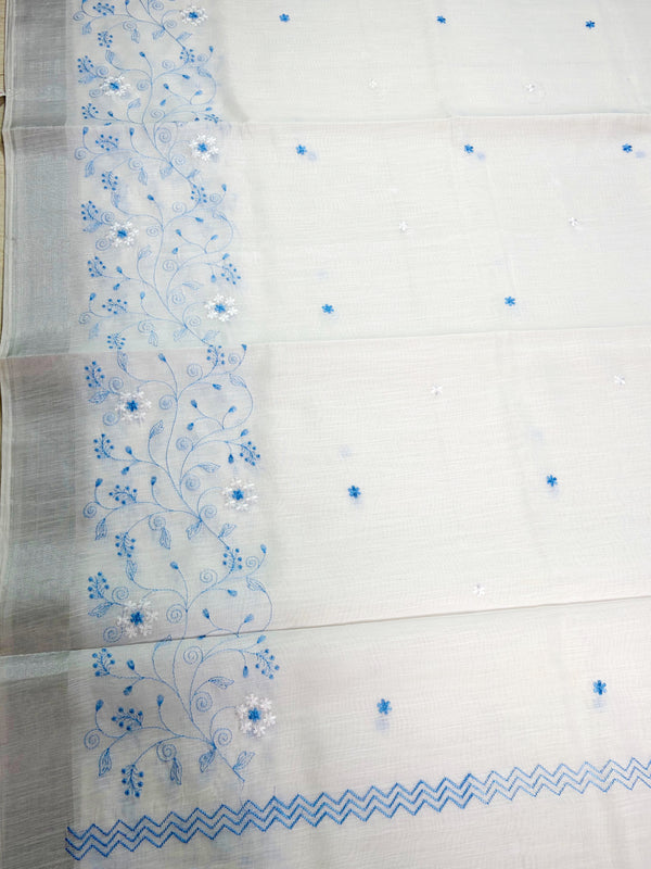 The Ivory Nila: Pure White & Powder Blue Embroidered Cotton Saree