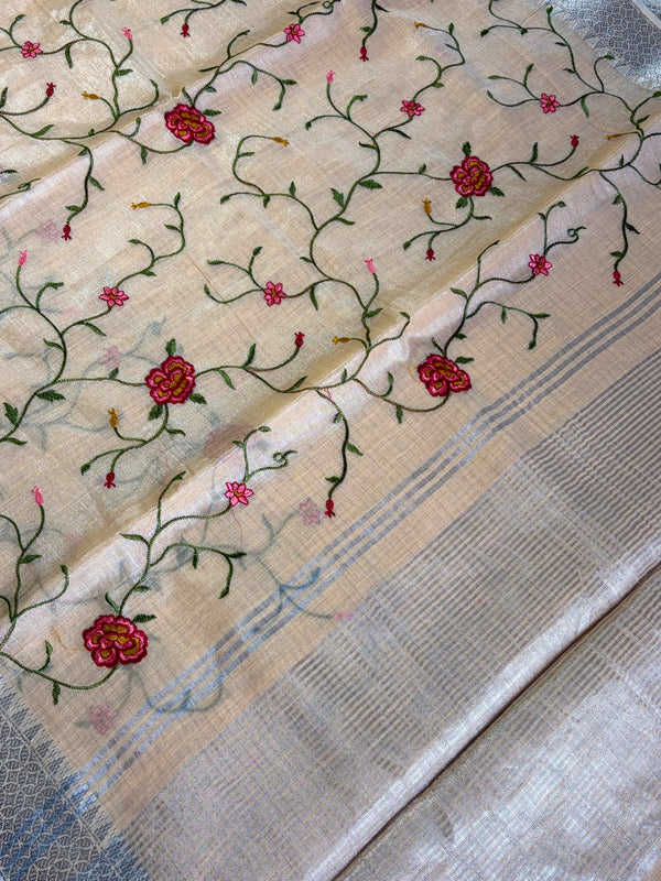 The Charu Malini: Pastel Peach Embroidered Linen Saree