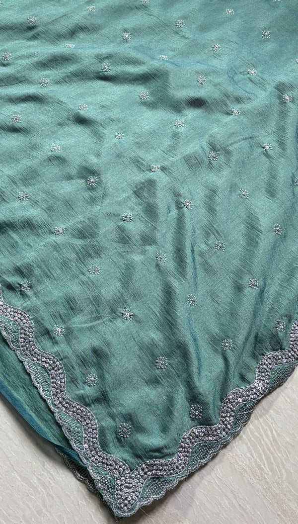 The Sage Horizon: Sea Green Textured Georgette Saree with Scalloped Moti & Cutdana Work Border