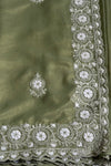 The Olive Blossom: Olive Green Georgette Saree with Scalloped Chikankari-Style Embroidery