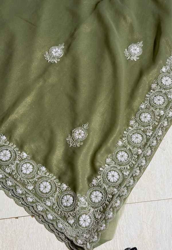 The Olive Blossom: Olive Green Georgette Saree with Scalloped Chikankari-Style Embroidery