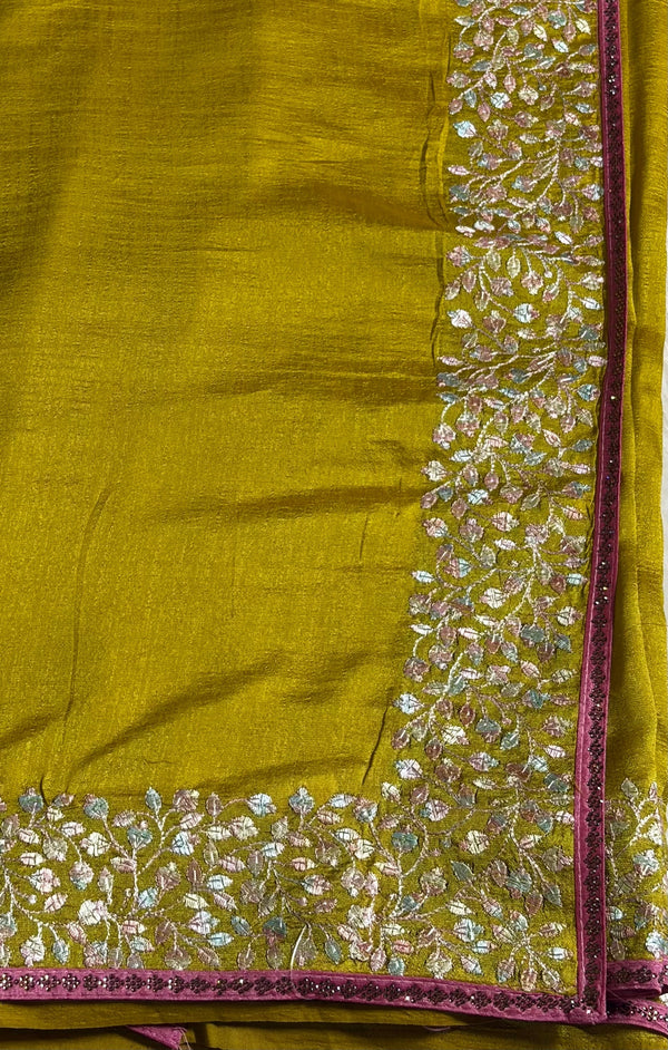 The Chartreuse Radiance: Olive-Lime Italian Silk Saree with Gota Patti Border