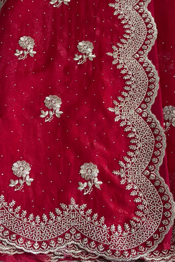 The Crimson Grace: Royal Red Georgette Saree with Scalloped Embroidered Border