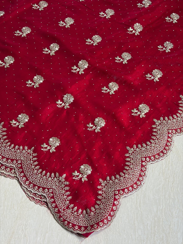 The Crimson Grace: Royal Red Georgette Saree with Scalloped Embroidered Border