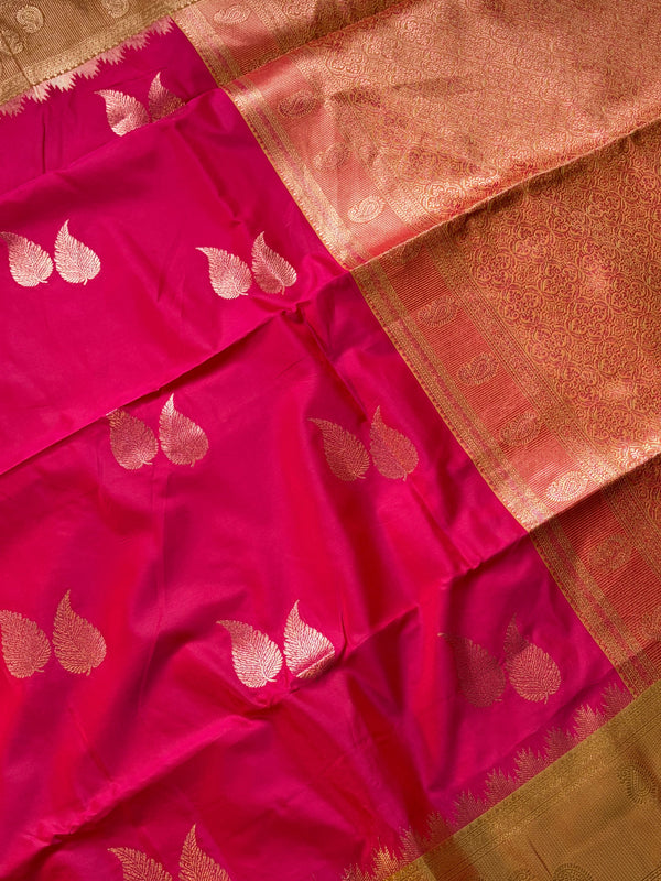 The Kalyani Vilasa: Ruby Pink & Gold Zari Satin Silk Saree