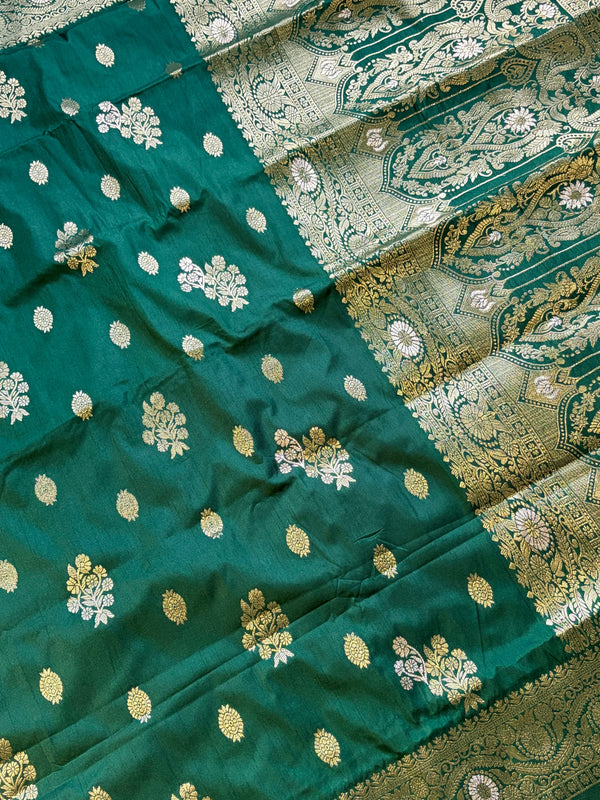 The Padmavati Vilasa: Emerald Green & Antique Gold Zari Raw Silk Saree