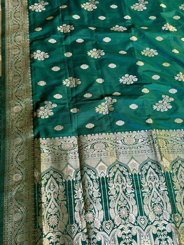 The Padmavati Vilasa: Emerald Green & Antique Gold Zari Raw Silk Saree