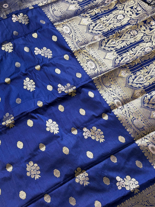 The Devyani Vilasa: Royal Navy Blue & Antique Gold Zari Raw Silk Saree
