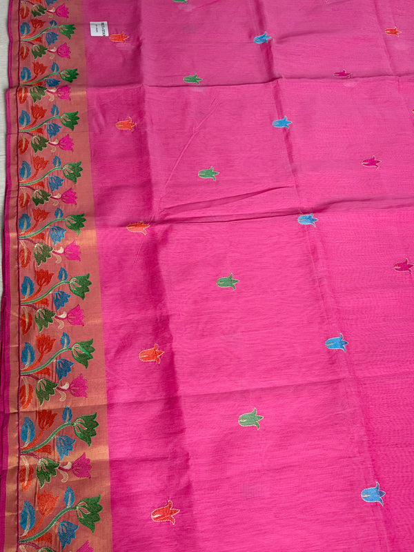 The Manjari Riva: Rani Pink Floral Embroidered Cotton Saree