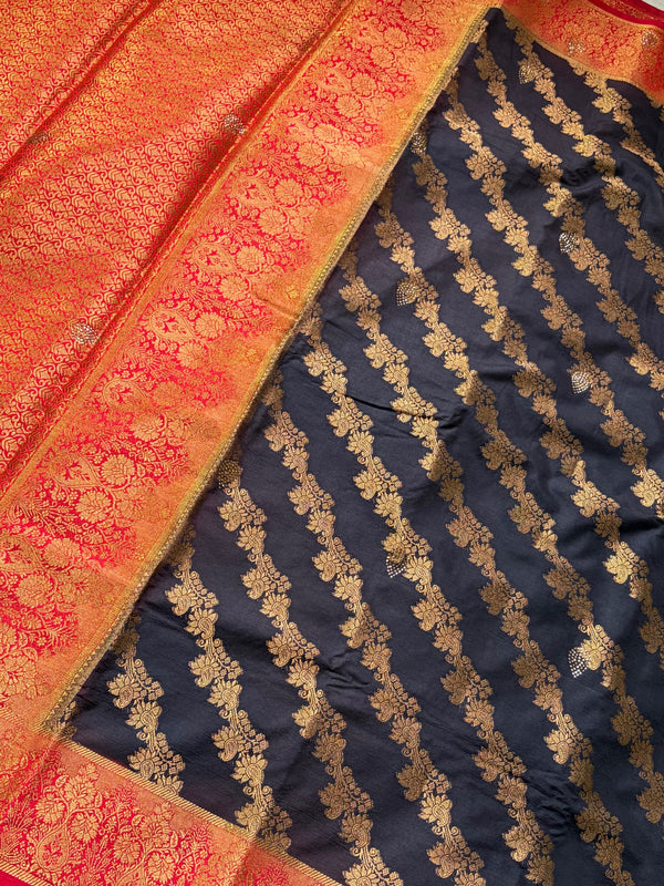 The Empress Registry: Coal Black Raw Silk Saree with Ornate Crimson and Gold Banarasi Border