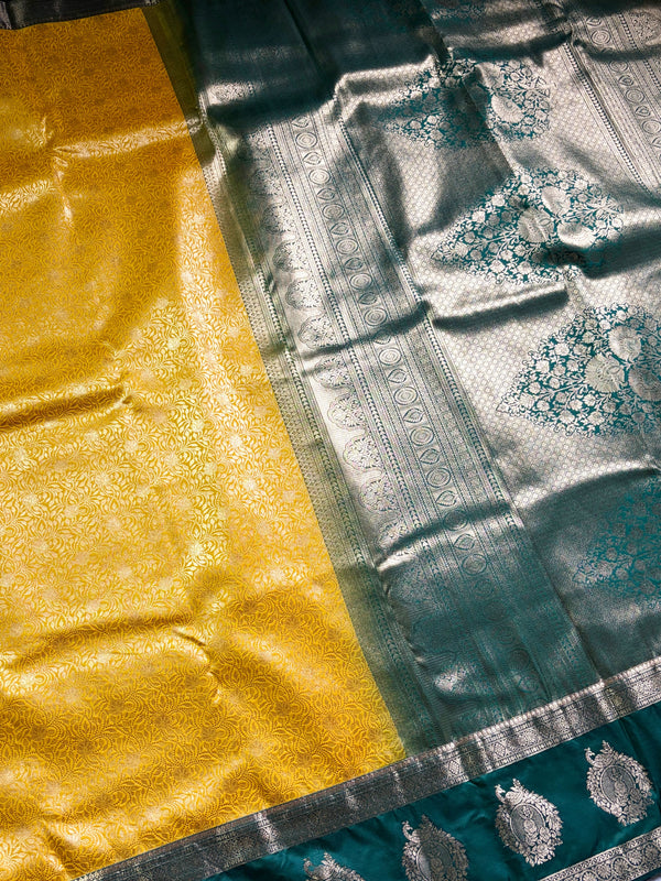 The Temple Sun: Golden Yellow Kanchipuram Silk Saree with Emerald Green Zari Border
