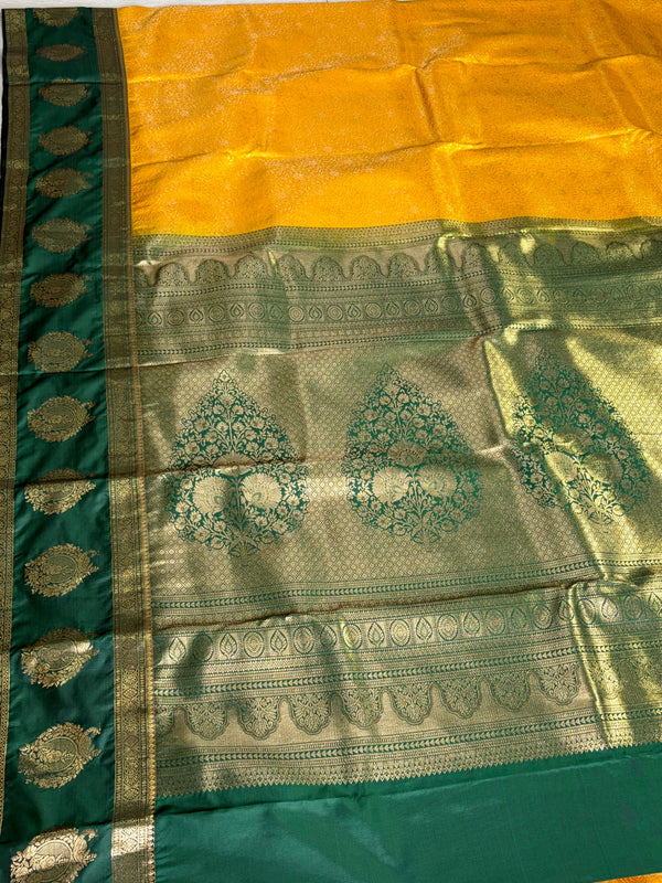 The Temple Sun: Golden Yellow Kanchipuram Silk Saree with Emerald Green Zari Border