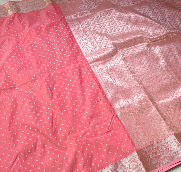 The Coral Luster: Peach-Salmon Katan Silk Saree with Kanchipuram Zari Butta