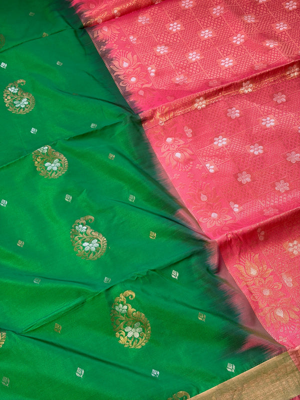 The Emerald Queen: Parrot Green Silk Saree with Crimson Banarasi Border