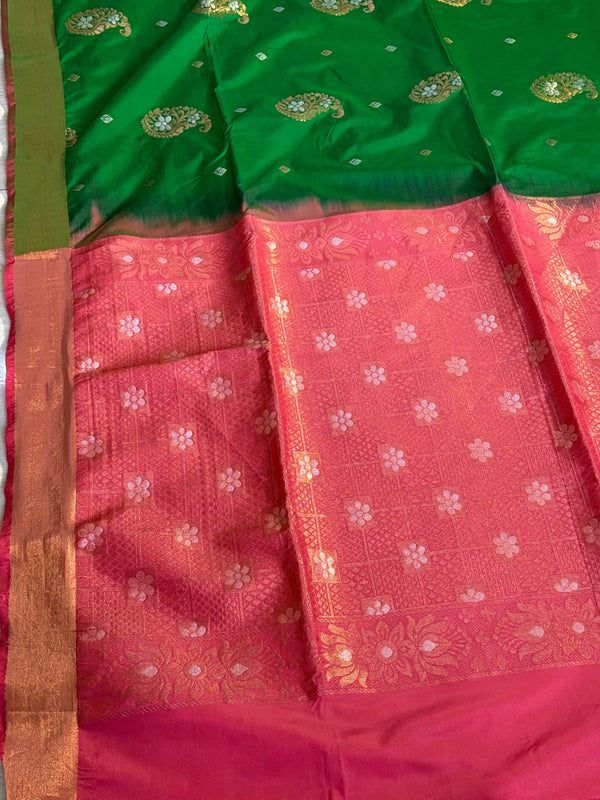 The Emerald Queen: Parrot Green Silk Saree with Crimson Banarasi Border