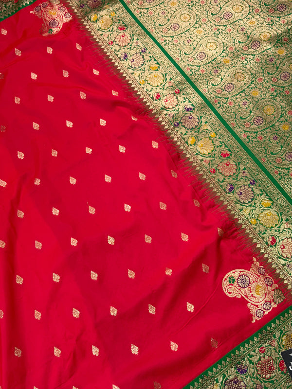 The Arundhati Vilasa: Vermilion Red & Emerald Green Woven Saree