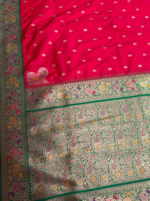The Arundhati Vilasa: Vermilion Red & Emerald Green Woven Saree