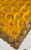 The Gilded Sunflower: Mustard Yellow Silk-Chiffon Saree with Scalloped Zardosi Border