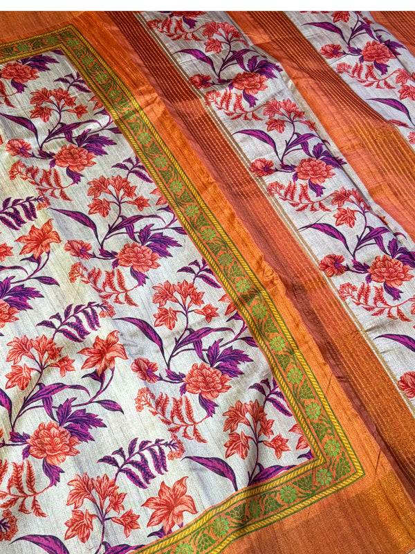 Orange floral saree :Bold, bright, and blooming. ✨