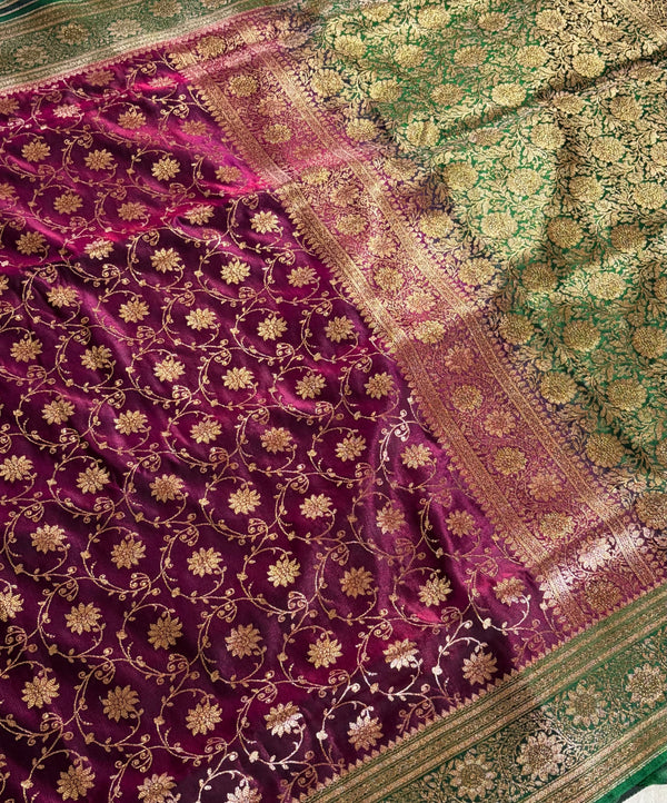 The Crimson Forest: Maroon Geisha Silk Saree with Emerald Green Contrast