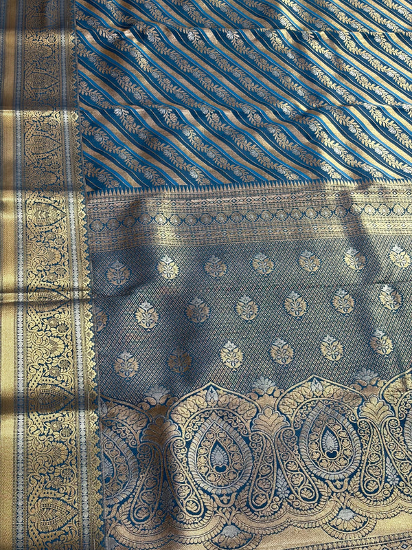 The Sapphire Streak: Blue Kanchipuram Silk with Linear Brilliance
