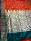 The Marigold Grove: Rust Orange Silk Saree with Forest Green Contrast